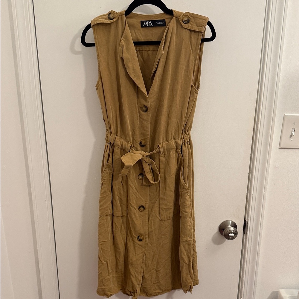 ZARA Sz Small Sleeveless Tan Button-Down Dress - Picture 2 of 7